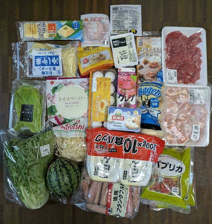 Assortment of groceries including vegetables, meat, eggs, and packaged foods displayed on a wooden floor showing grocery costs.