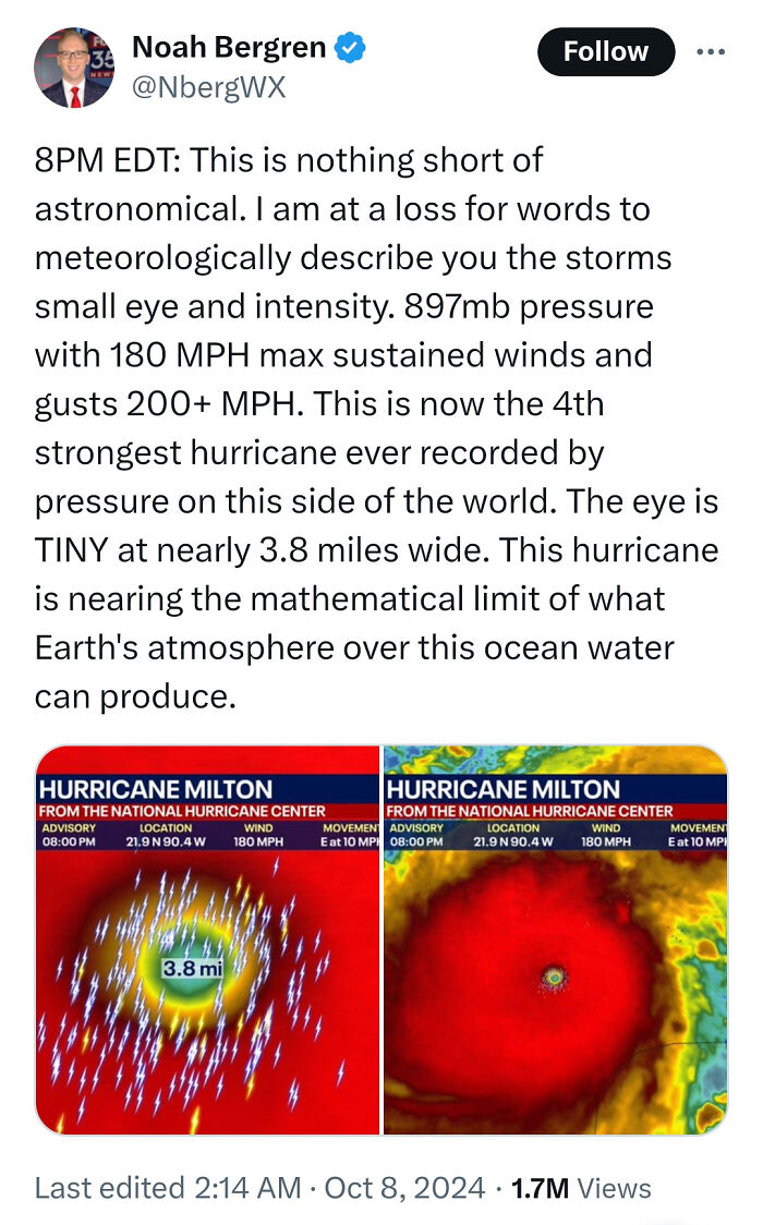 Interesting photo of a tweet describing Hurricane Milton with a small eye and powerful winds.