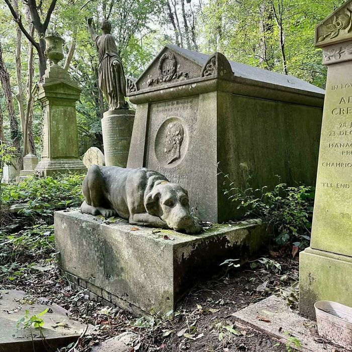 Interesting cemetery monument featuring a dog statue, a unique and poignant grave marker.