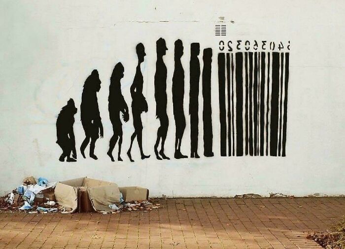 Interesting image of human evolution ending in a barcode, depicting a unique perspective.
