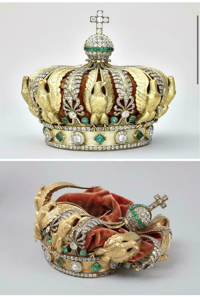 Two views of an ornate gold crown adorned with diamonds and emeralds, an interesting photo of a regal artifact.