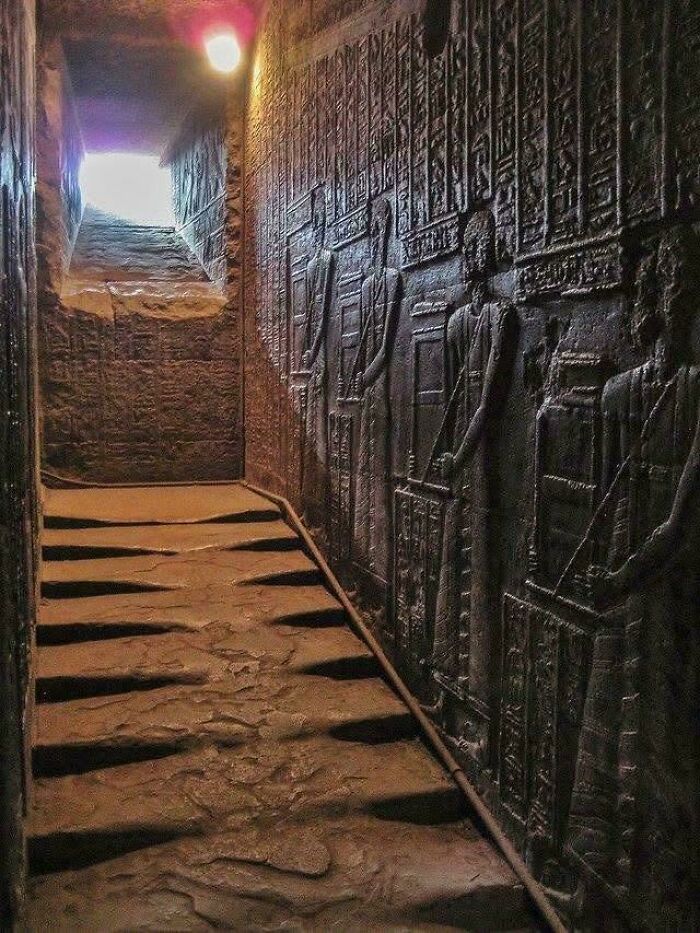 A narrow, dark passage with ancient hieroglyphs carved into the stone walls, an interesting photo from a historical site.