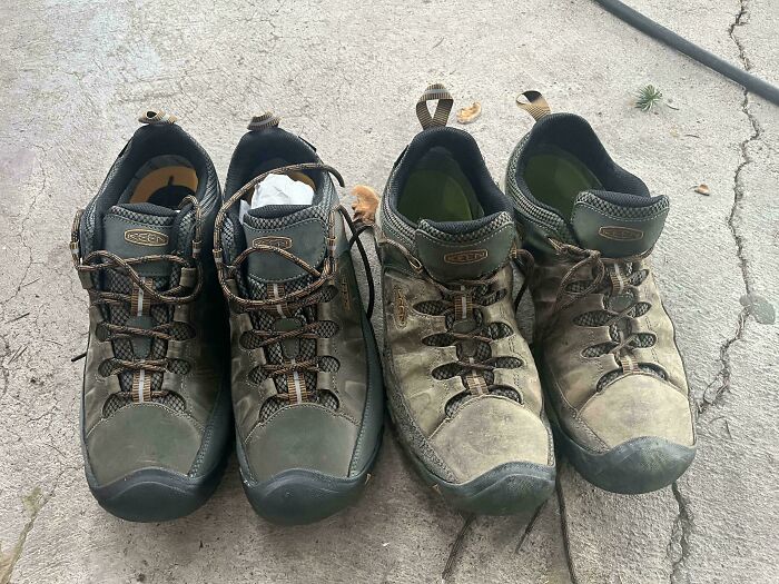 Two pairs of worn Keen hiking boots on concrete. A frugal tip for shoes that unlocked a whole new world.