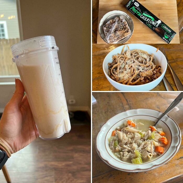 Frugal tips for meals: a smoothie, cauliflower pasta dish, and chicken soup, showing various thrifty food options.