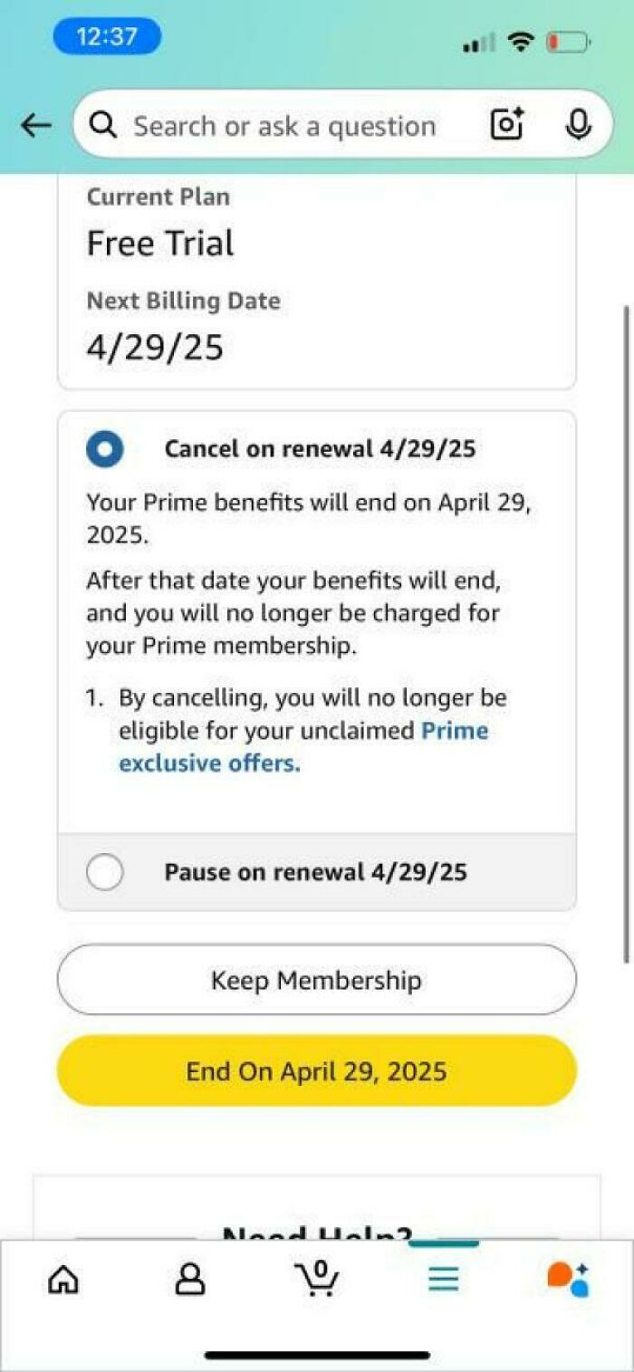 A phone screen showing a free trial for a membership, with options to cancel or pause renewal. A new world of frugal tips.