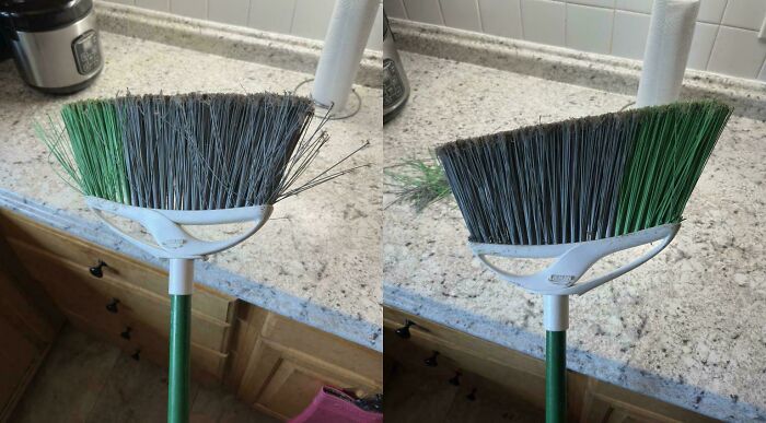 A side-by-side comparison of a worn-out broom versus a new one, illustrating frugal tips for a new world economy.