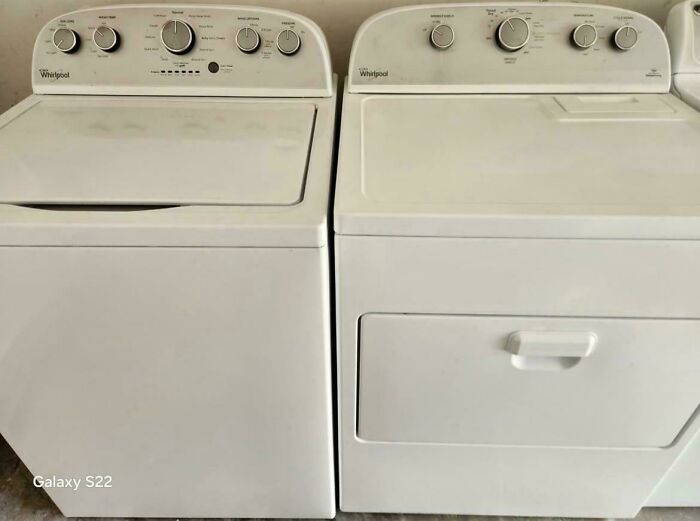 A pair of white Whirlpool washing machine and dryer, frugal tips for a whole new world.