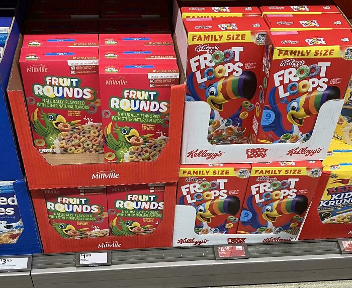 Cereal boxes, including Fruit Rounds and Froot Loops, in a grocery store, demonstrating frugal tips for this economy.