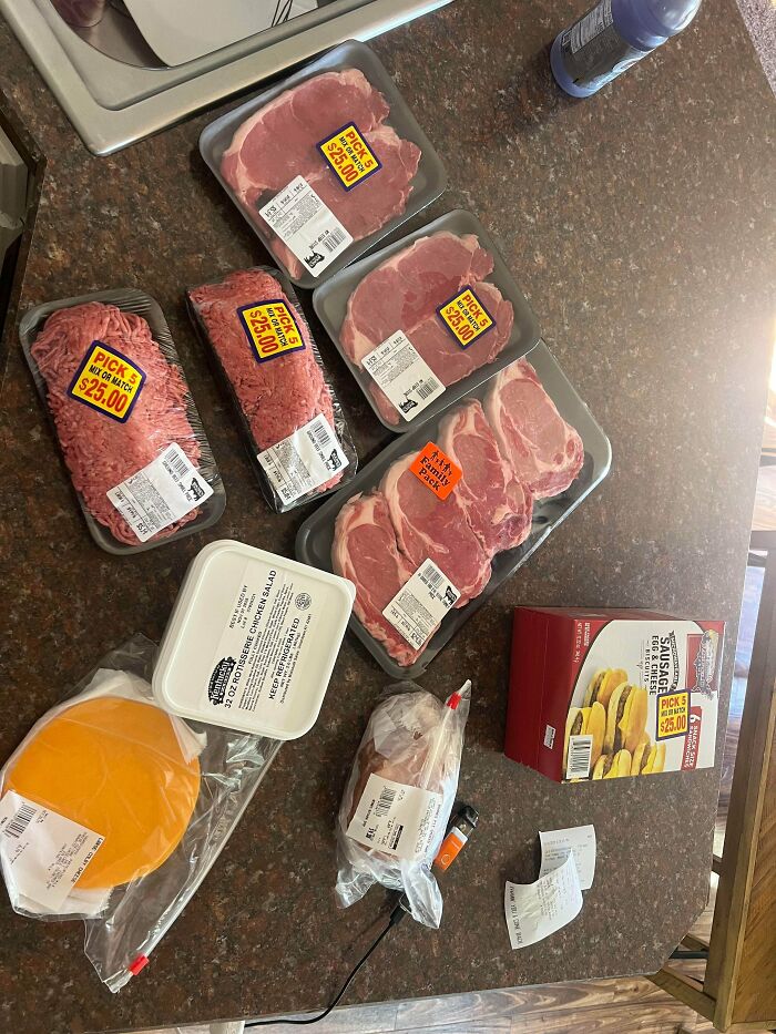 Groceries on a counter, showing meat and other items with "Pick 5 for $25.00" labels. Frugal tips for this economy.