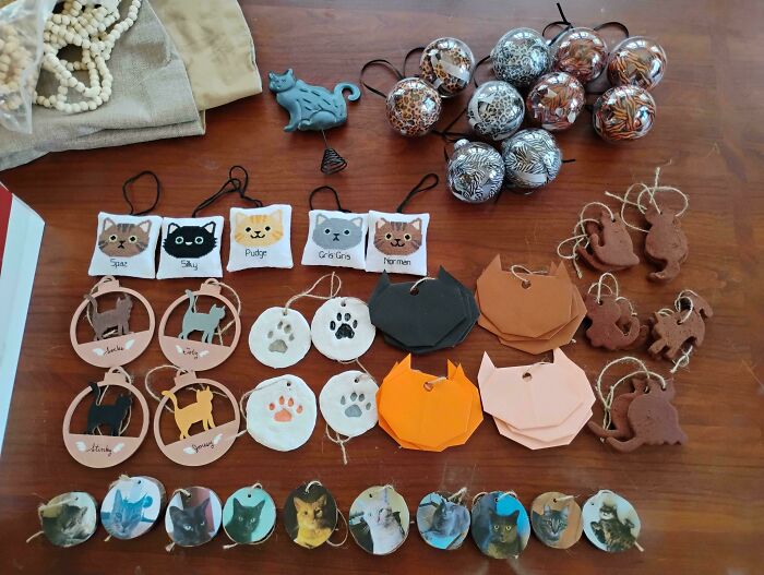 Crafts and handmade cat-themed ornaments, displaying frugal tips to unlock a whole new world of saving.