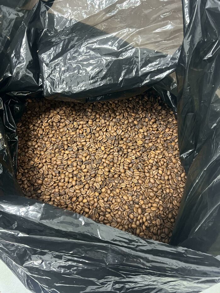 Close-up of roasted coffee beans in a black plastic bag. A whole new world of frugal tips in this economy.