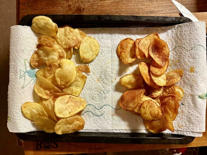 Homemade potato chips, some plain, some seasoned, draining on paper towels. Frugal tips for a new world.