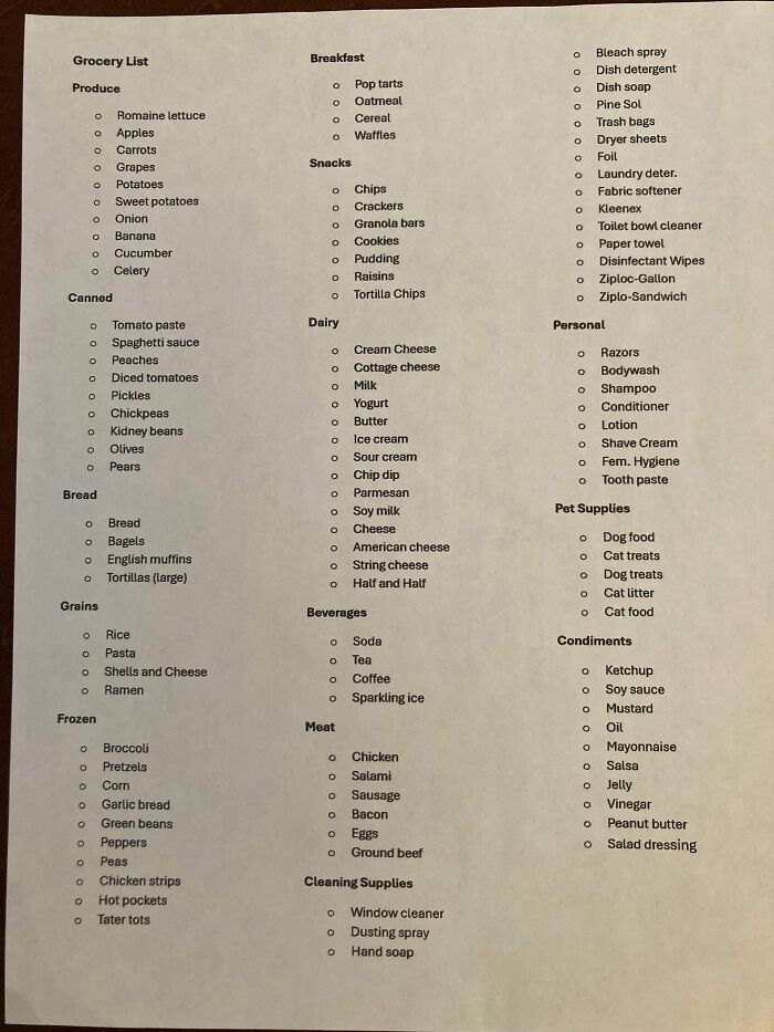 A detailed grocery list with categories like produce, dairy, and meat. Frugal tips for saving in this economy.