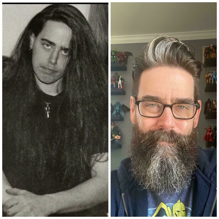 A split image showing a man with long hair in an older photo and the same man with a beard and shorter hair in a current selfie, highlighting amazing long hair.