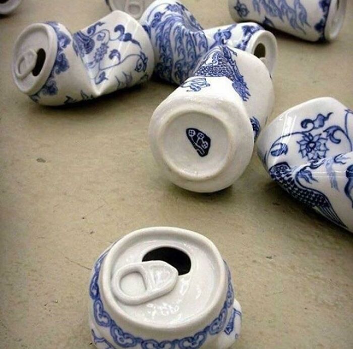 Porcelain cans with traditional blue patterns crafted as unique quirky ceramic pieces