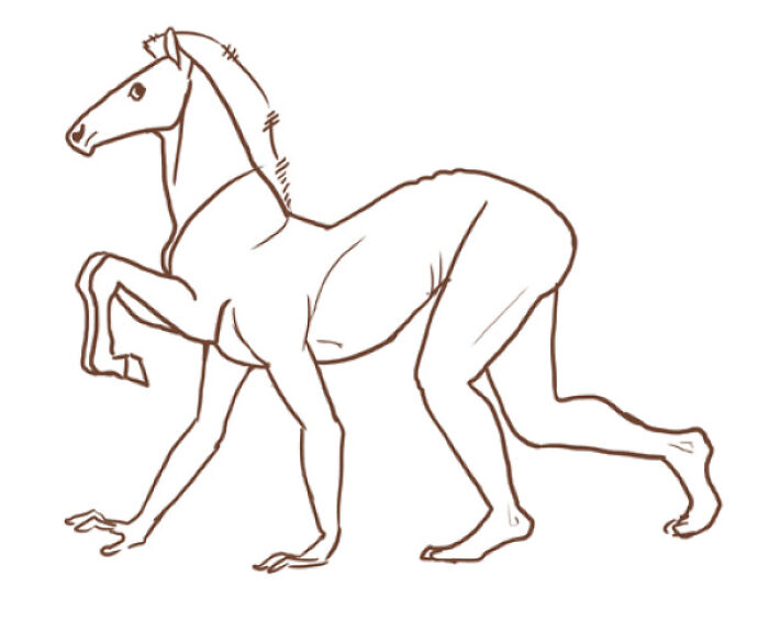 Surreal artwork of flawless craftsmanship combining a horse with human limbs in weird concept