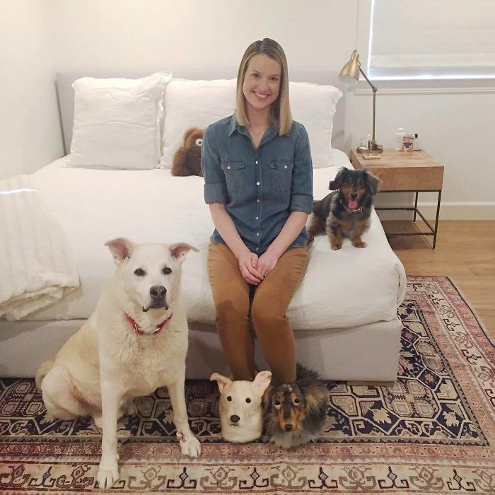 Woman sitting on bed with dogs next to a realistic dog mask