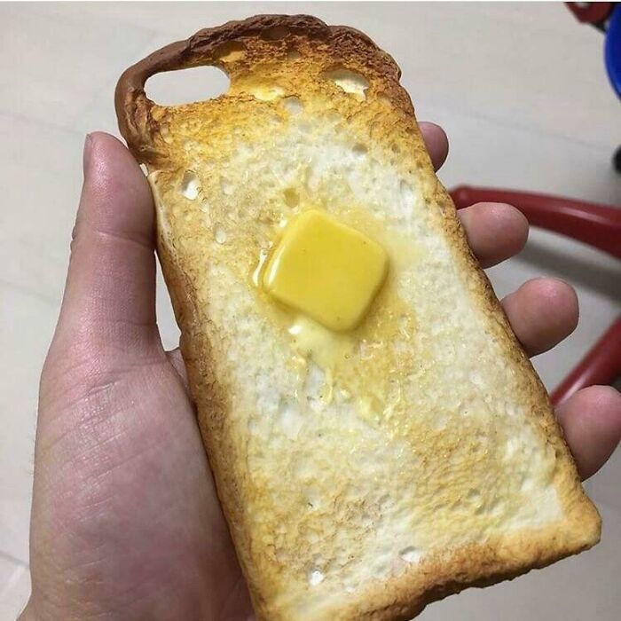 Phone case looking like a slice of toast with butter, an example of strange craftsmanship