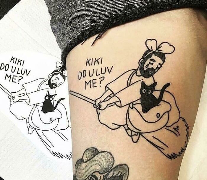 Black and white tattoo of man on broom with cat and phrase Kiki do u luv me