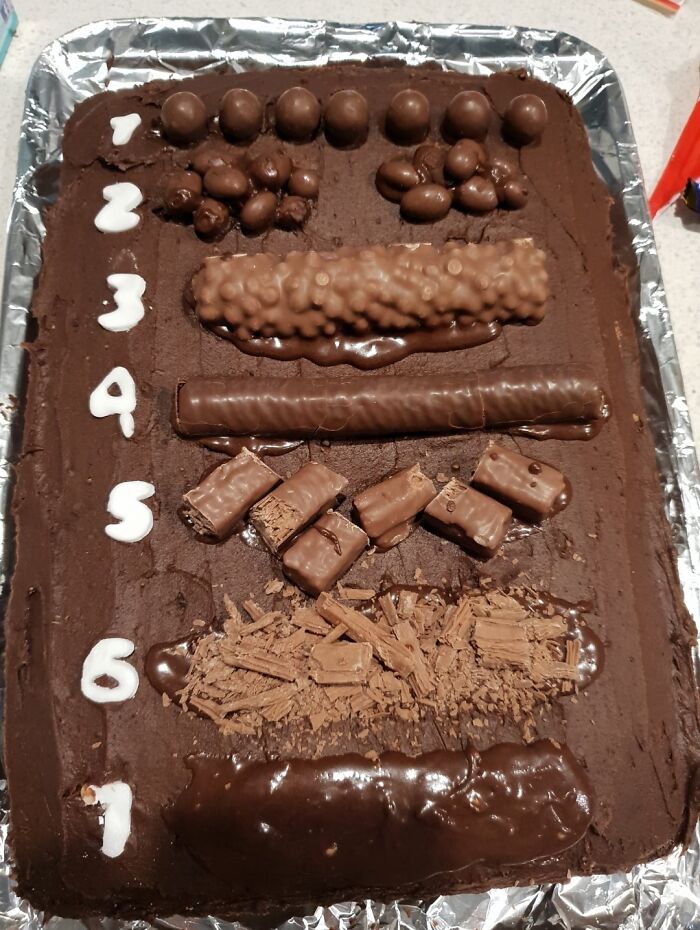 Chocolate cake with various chocolates arranged in numbered rows for weird edible concept
