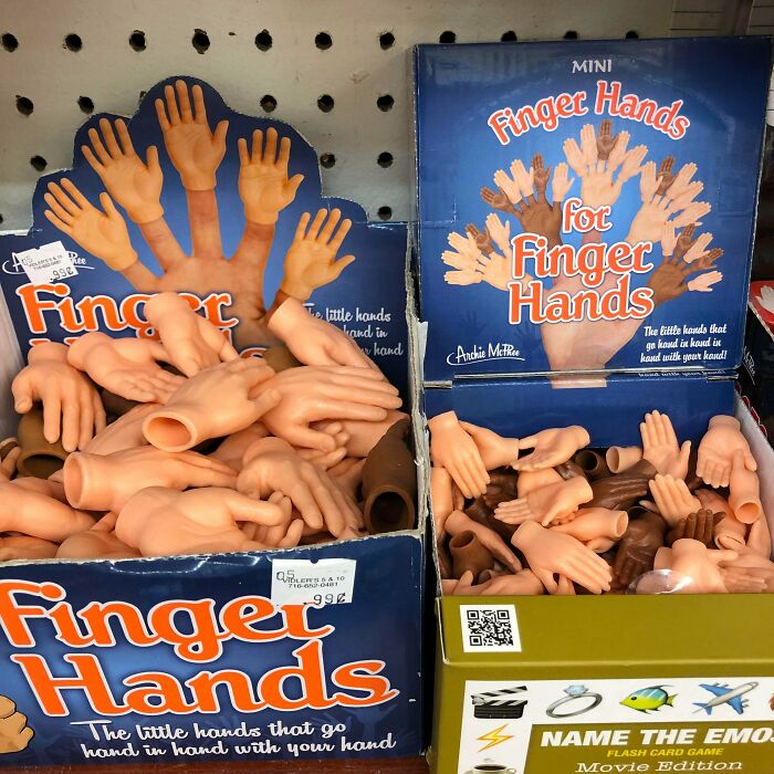 Unhinged finger hands novelty toy display in store boxes