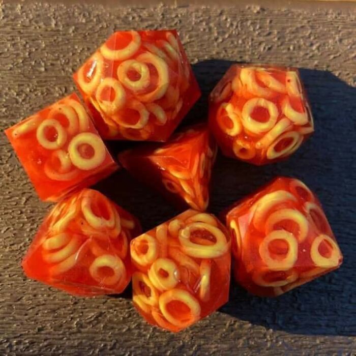Set of red and yellow macaroni pasta themed flawless craftsmanship dice