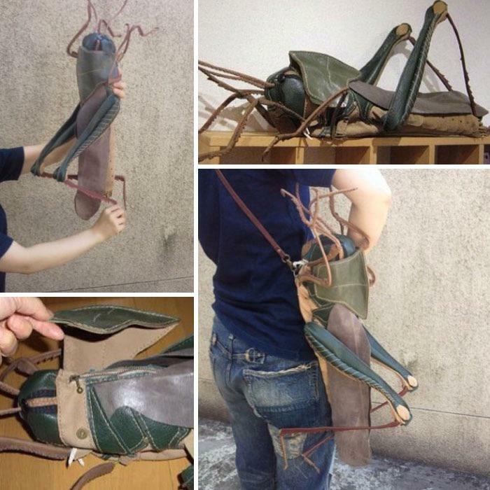 Grasshopper shaped handbag showcasing detailed craftsmanship wasted on odd concept