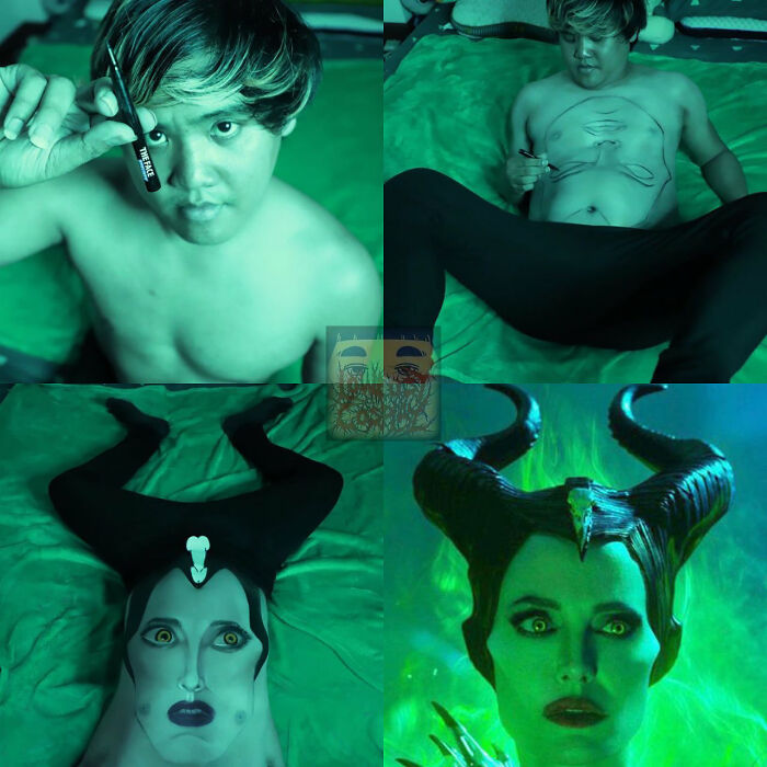 Creative body art transforming a person into Maleficent with flawless craftsmanship