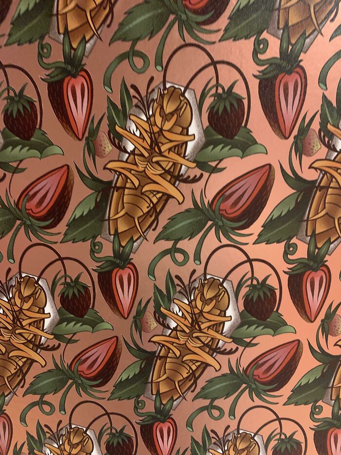 Flawless craftsmanship wallpaper featuring detailed insects and strawberries pattern