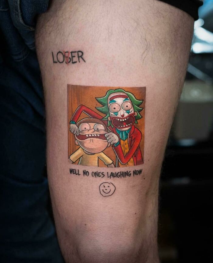 Tattoo of cartoon characters with caption in flawed craftsmanship example