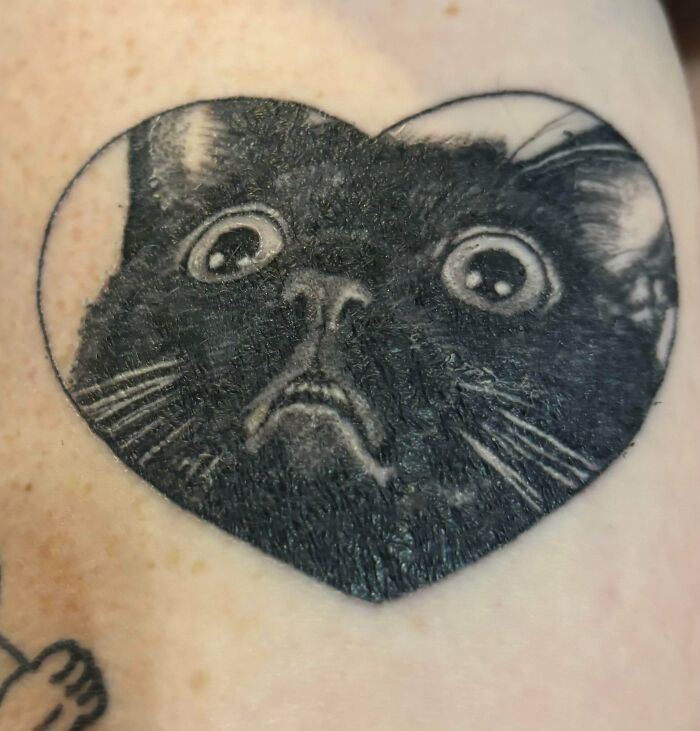 Tattoo of an adorable black cat with wide eyes inside a heart shape, perfect for adorable pictures of animals.