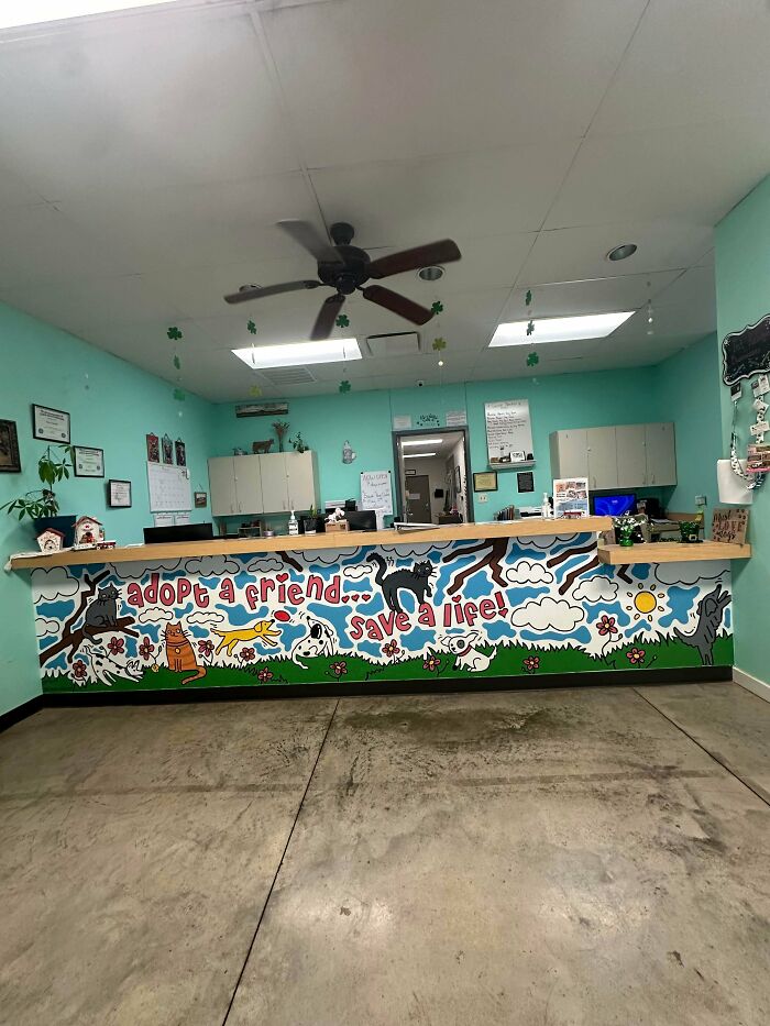 Colorful adoption center reception area with adorable animal murals encouraging to adopt a friend and save a life.