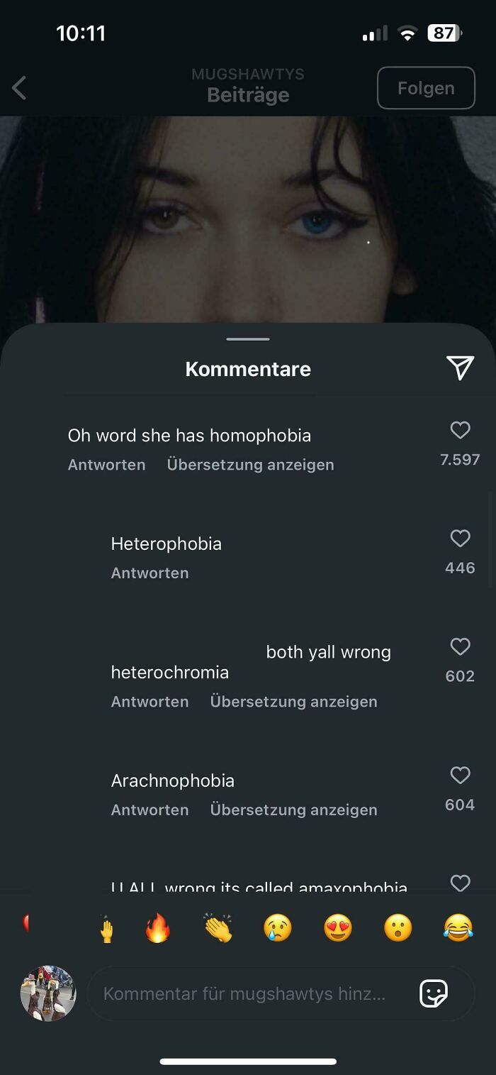 Social media comments trying to define different eyes, showing an obvious joke corrected in the comment section.