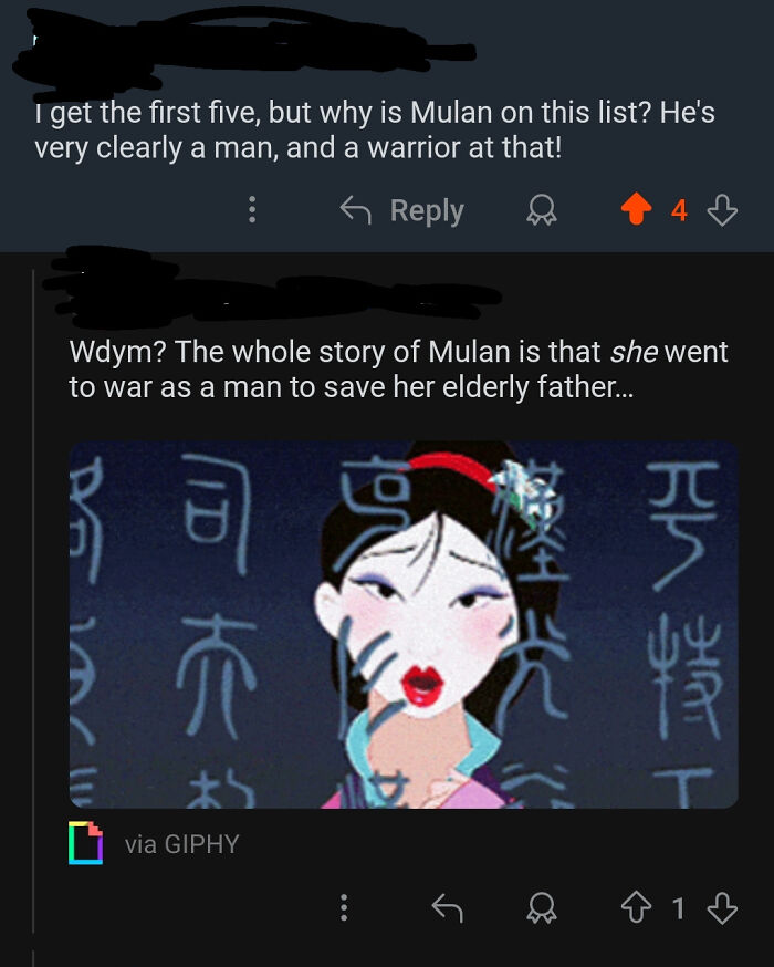 A comment about Mulan being a man corrected with her backstory, illustrating an obvious joke being corrected.