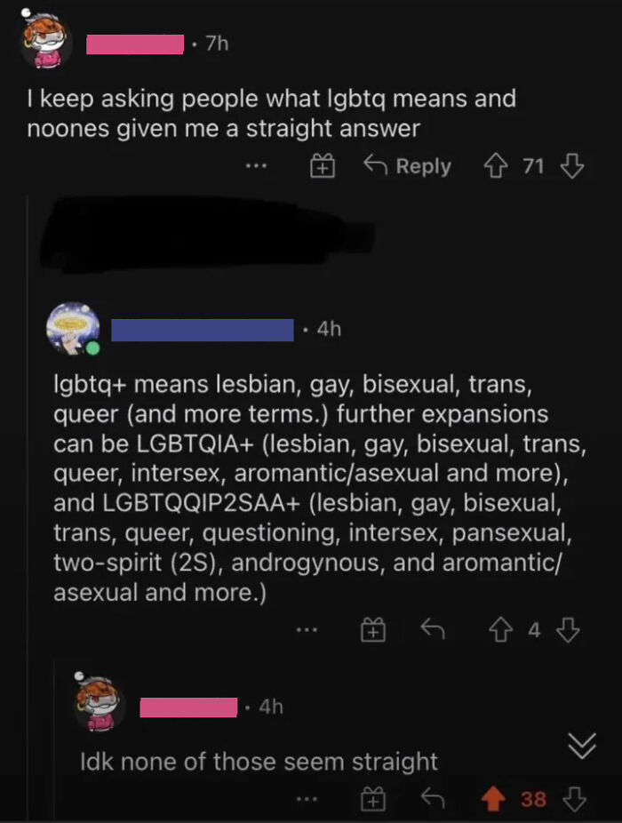 A Reddit comment thread where a user corrected an obvious joke about getting a straight answer on LGBTQ.