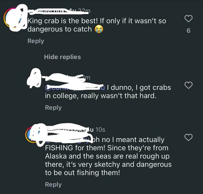 Online comments where a user corrected an obvious joke about king crab fishing versus getting crabs.