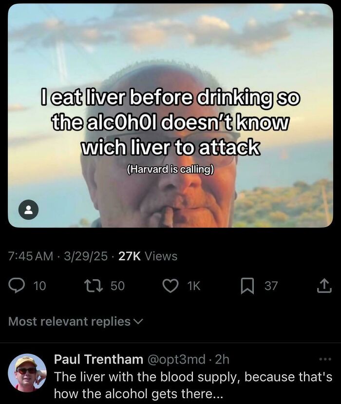 A social media post with an obvious joke about eating liver, corrected by a commenter with confidence.