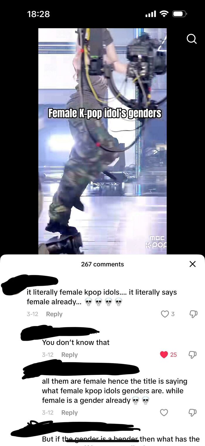 A social media comment thread where a user corrected an obvious joke about female K-pop idols.