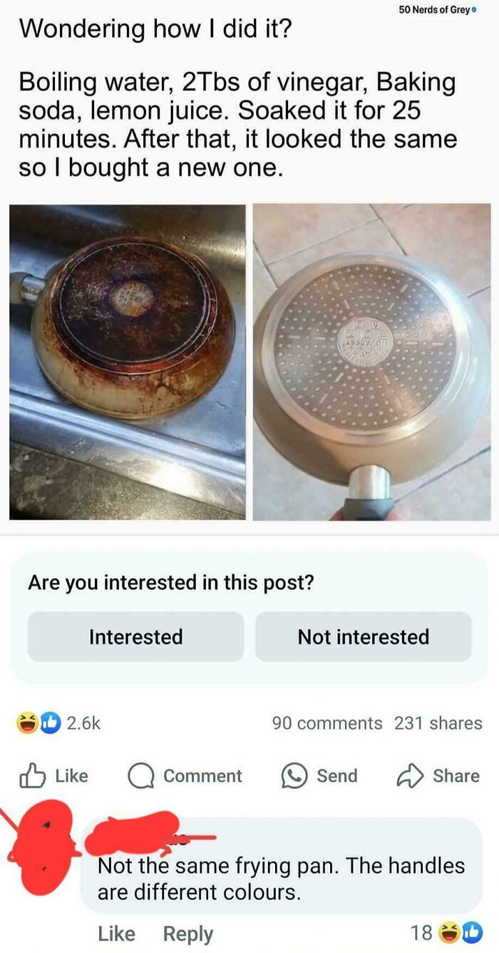 A Facebook comment pointing out different frying pan handles, where someone corrected an obvious joke.