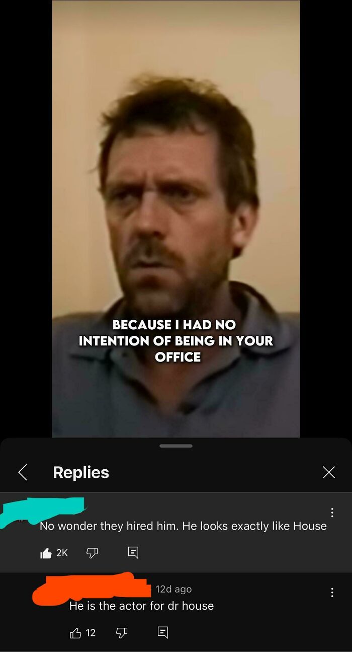 A comment thread about Hugh Laurie playing House, where someone corrected an obvious joke with confidence.