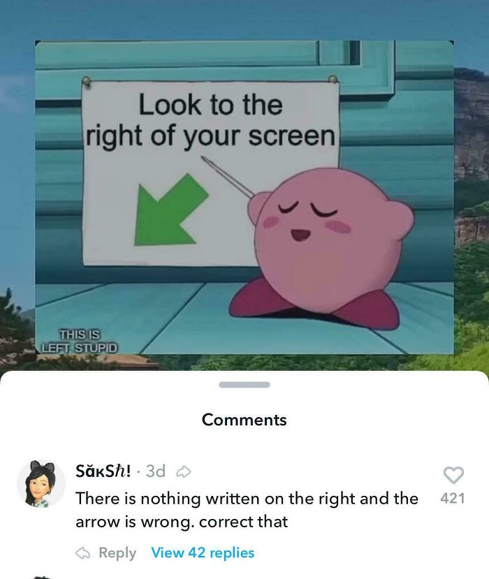 Kirby meme pointing to the wrong side of the screen with a comment where someone corrected an obvious joke.