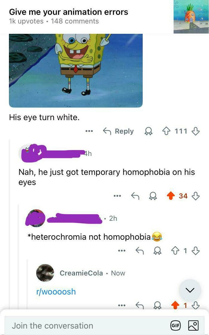 A Reddit thread correcting a SpongeBob joke, showing someone who corrected an obvious joke with confidence.