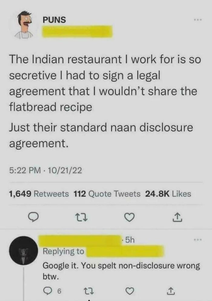A social media post with a pun corrected by a user who missed the obvious joke.