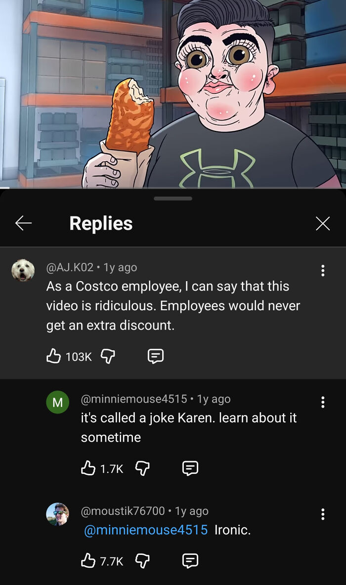 YouTube comments section where a user missed and corrected an obvious joke about Costco employee discounts.