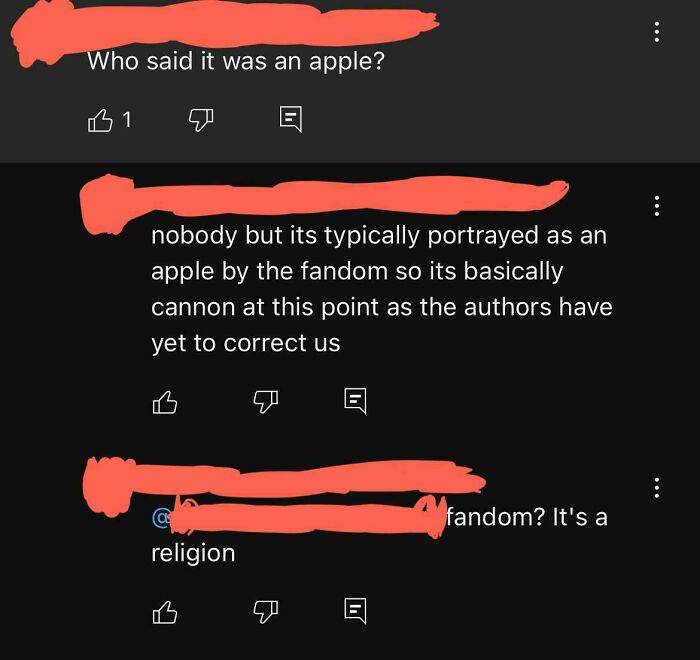 Online discussion where someone corrected an obvious joke about the forbidden fruit being an apple in a religion.