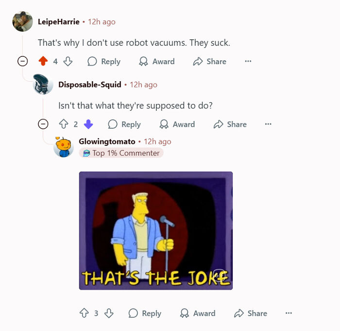 Reddit comments showing a user who corrected an obvious joke about robot vacuums sucking.