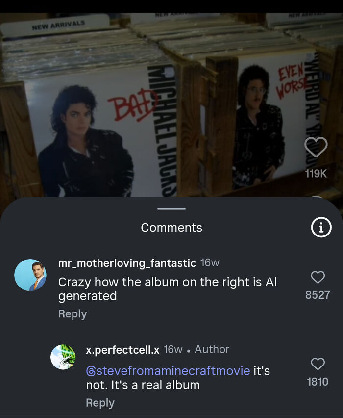 Social media comments showing someone who corrected an obvious joke about Weird Al Yankovic's album.