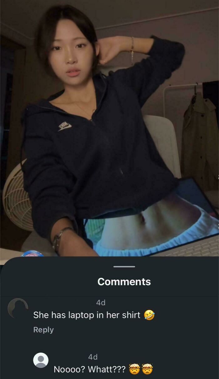 A social media post showing people who corrected an obvious joke about a laptop on a girl's shirt.