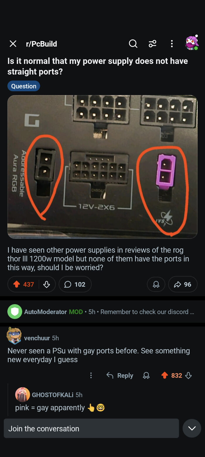 Online forum thread where a user misses the joke about a computer power supply not having straight ports.
