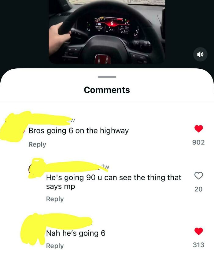 Social media comment section where someone confidently explains that a car dashboard says 90 mph to a joke about speed.